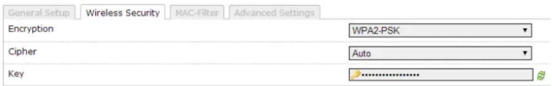 General Setup Wireless Security MAC-Filter Advanced Settings Encryption WPA2-PSK Cipher Auto Key