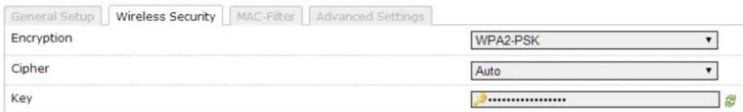 General Setup Wireless Security MAC-Filter Advanced Settings Encryption WPA2-PSK Cipher Auto Key