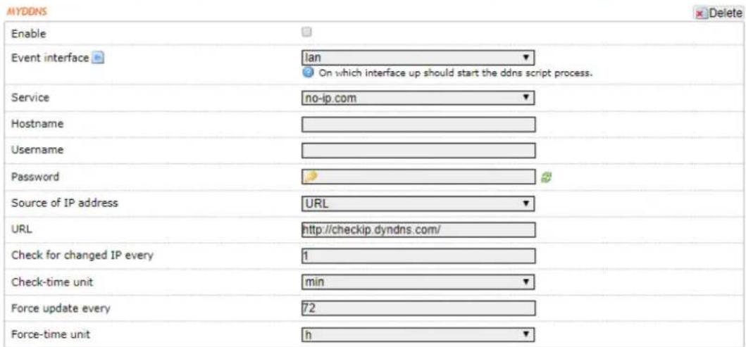 MYDDNS Enable Event interface Ian On which interface up should start the ddns script process. Service no-ip.com Hostname Username Password Source of IP address URL URL http://checkip.dyndns.com/ Check for changed IP every 1 Check-time unit min Force update every 72 Force-time unit h Delete