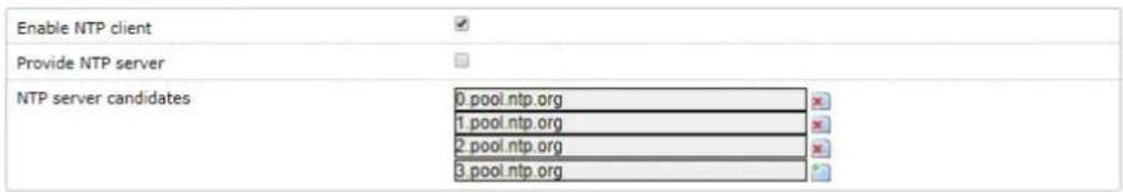 Enable NTP client Provide NTP server NTP server candidates 0.pool.ntp.org 1.pool.ntp.org 2.pool.ntp.org 3.pool.ntp.org