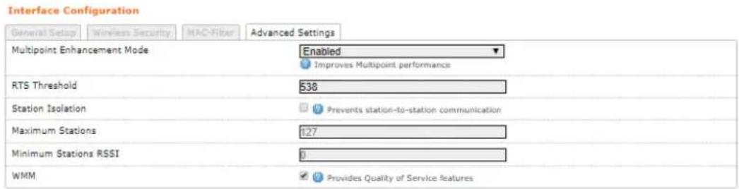 Interface Configuration General Setup Wireless Security MAC-Filter Advanced Settings Multipoint Enhancement Mode Enabled Improves Multipoint performance RTS Threshold 538 Station Isolation Prevents station-to-station communication Maximum Stations 127 Minimum Stations RSSI 0 WMM Provides Quality of Service features