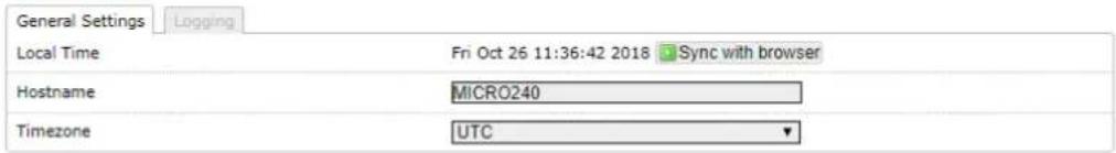 General Settings Logging Local Time Fri Oct 26 11:36:42 2018 Sync with browser Hostname MICRO240 Timezone UTC