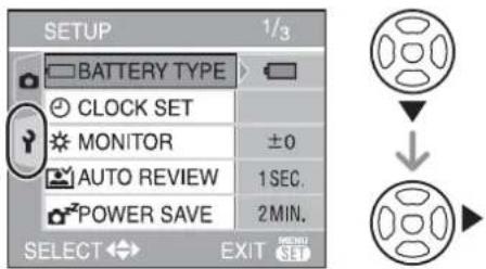 BATTERY TYPE CLOCK SET MONITOR ±0 AUTO REVIEW 1SEC. POWER SAVE 2MIN. SELECT EXIT