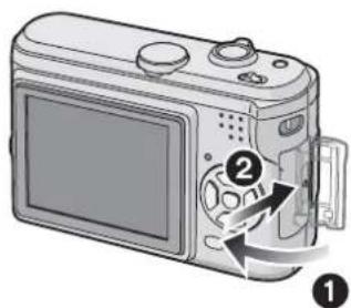 Diagram of a digital camera with labeled parts and directional arrows indicating motion or operation