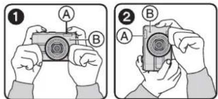Illustration showing two-step camera operation: step 1 shows hand holding a camera with labeled parts A and B, while step 2 shows hands holding a camera with labeled parts A and B.
