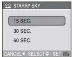 STARRY SKY 15 SEC. 30 SEC. 60 SEC. CANCEL SELECT SET