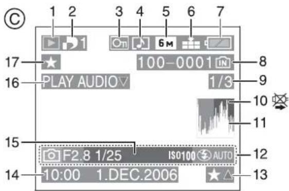 1 2 3 4 5 6 7 17 ★ 16 PLAY AUDIO ▼ 100-0001 IN 1/3 8 9 10 11 15 F2.8 1/25 ISO100 AUTO 12 14 10:00 1.DEC.2006 ★ 13