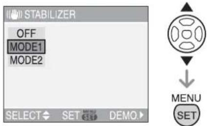 STABILIZER OFF MODE1 MODE2 SELECT SET DEMO. MENU SET