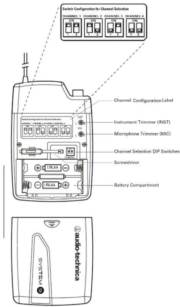 Switch Configuration for Channel Selection CHANNEL 1 CHANNEL 2 CHANNEL 3 CHANNEL 4 ON ON ON ON ON 1 2 1 2 1 2 1 2 Channel Configuration Label Instrument Trimmer (INST) Microphone Trimmer (MIC) Channel Selection DIP Switches Screwdriver Battery Compartment RSST NIC CP-2015E LR6,AA LR6,AA PUSH SYSTEM audio-technica