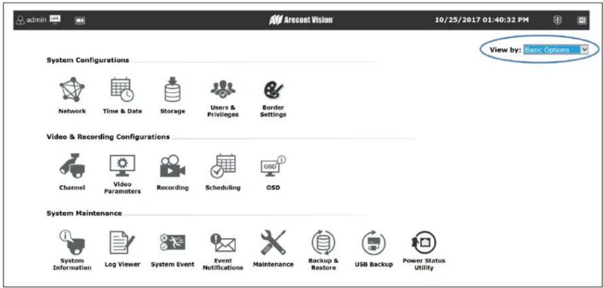 admin Arecont Vision 10/25/2017 01:40:32 PM View by: Basic Options System Configurations Network Time & Date Storage Users & Privileges Border Settings Video & Recording Configurations Channel Video Parameters Recording Scheduling OSD System Maintenance System Information Log Viewer System Event Event Notifications Maintenance Backup & Restore USB Backup Power Status Utility