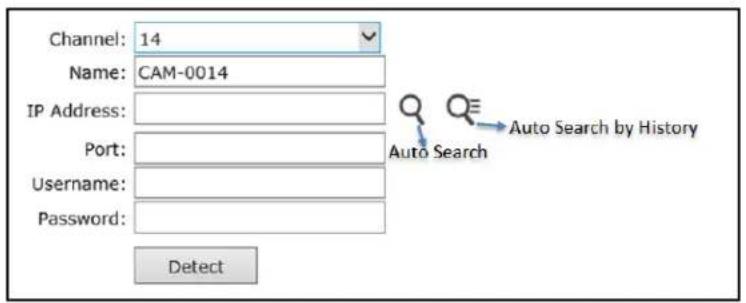 Channel: 14 Name: CAM-0014 IP Address: Port: Username: Password: Detect Auto Search by History