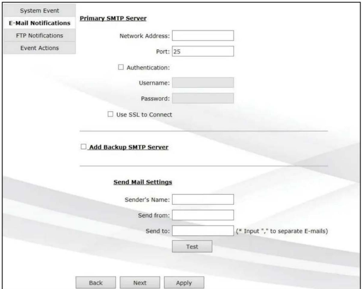 System Event E-Mail Notifications FTP Notifications Event Actions Primary SMTP Server Network Address: Port: 25 Authentication: Username: Password: Use SSL to Connect Add Backup SMTP Server Send Mail Settings Sender's Name: Send from: Send to: (* Input "," to separate E-mails) Test Back Next Apply