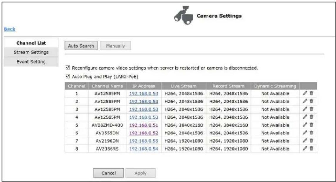 Camera Settings Back Channel List Stream Settings Event Setting Auto Search Manually Reconfigure camera video settings when server is restarted or camera is disconnected. Auto Plug and Play (LAN2-PoE) Channel Channel Name IP Address Live Stream Record Stream Dynamic Streaming 1 AV12585PM 192.168.0.53 H264, 2048x1536 H264, 2048x1536 Not Available ✓ ✓ 2 AV12585PM 192.168.0.53 H264, 2048x1536 H264, 2048x1536 Not Available ✓ ✓ 3 AV12585PM 192.168.0.53 H264, 2048x1536 H264, 2048x1536 Not Available ✓ ✓ 4 AV12585PM 192.168.0.53 H264, 2048x1536 H264, 2048x1536 Not Available ✓ ✓ 5 AV08ZMD-400 192.168.0.51 H264, 3840x2160 H264, 3840x2160 Not Available ✓ ✓ 6 AV3555DN 192.168.0.52 H264, 2048x1536 H264, 2048x1536 Not Available ✓ ✓ 7 AV2196DN 192.168.0.55 H264, 1920x1080 H264, 1920x1080 Not Available ✓ ✓ 8 AV2356RS 192.168.0.54 H264, 1920x1080 H264, 1920x1080 Not Available ✓ ✓ Cancel Apply