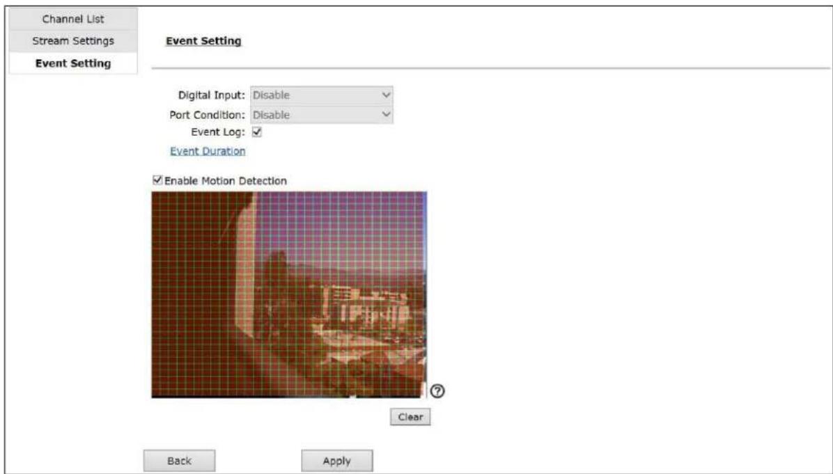 Channel List Stream Settings Event Setting Event Setting Digital Input: Disable Port Condition: Disable Event Log: ✓ Event Duration ✓ Enable Motion Detection Clear Back Apply