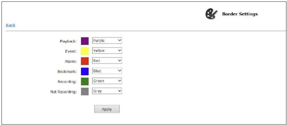 Back Playback: Purple Event: Yellow Alarm: Red Bookmark: Blue Recording: Green Not Recording: Gray Apply Border Settings