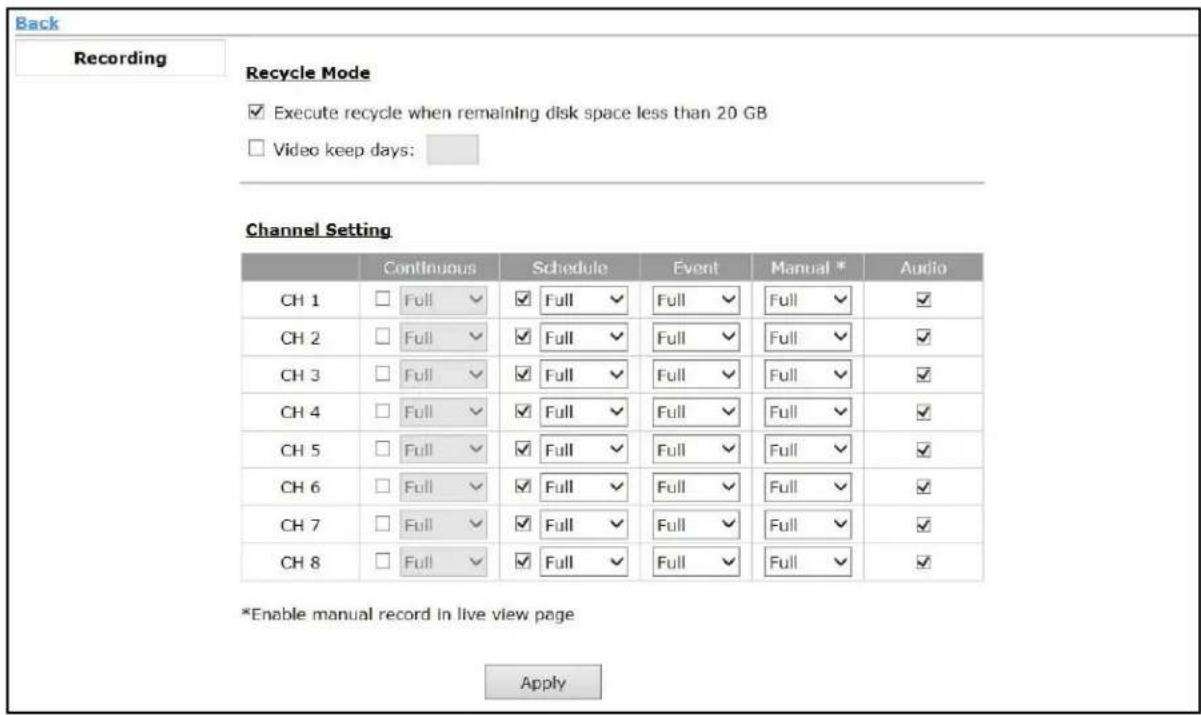 Back Recording Recycle Mode ✓ Execute recycle when remaining disk space less than 20 GB □ Video keep days: Channel Setting Continuous Schedule Event Manual * Audio CH 1 Full ✓ ✓ Full ✓ Full ✓ ✓ CH 2 Full ✓ ✓ Full ✓ Full ✓ ✓ CH 3 Full ✓ ✓ Full ✓ Full ✓ ✓ CH 4 Full ✓ ✓ Full ✓ Full ✓ ✓ CH 5 Full ✓ ✓ Full ✓ Full ✓ ✓ CH 6 Full ✓ ✓ Full ✓ Full ✓ ✓ CH 7 Full ✓ ✓ Full ✓ Full ✓ ✓ CH 8 Full ✓ ✓ Full ✓ Full ✓ ✓ *Enable manual record in live view page Apply