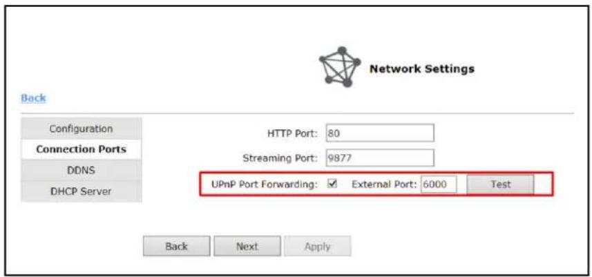 Back Configuration Connection Ports DDNS DHCP Server HTTP Port: 80 Streaming Port: 9877 UPnP Port Forwarding: ✓ External Port: 6000 Test Back Next Apply