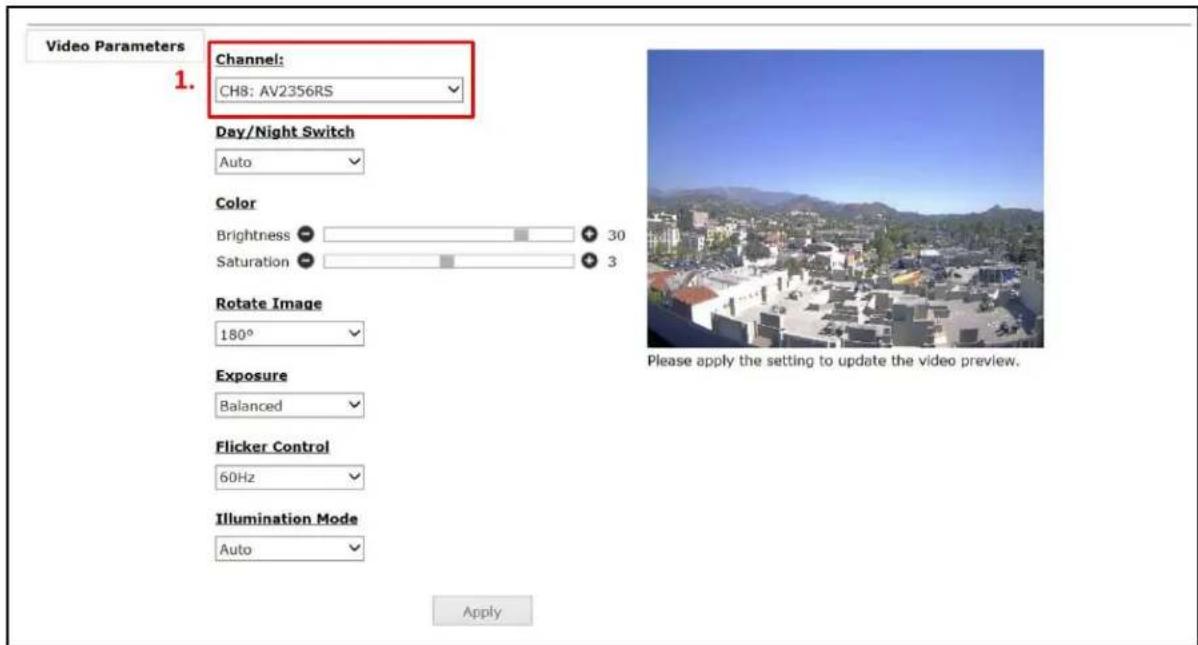 Video Parameters Channel: CH8: AV2356RS Day/Night Switch Auto Color Brightness 30 Saturation 3 Rotate Image 180° Exposure Balanced Flicker Control 60Hz Illumination Mode Auto Apply Please apply the setting to update the video preview.