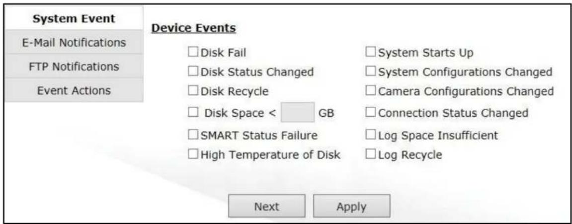 System Event E-Mail Notifications FTP Notifications Event Actions Device Events □Disk Fail □Disk Status Changed □Disk Recycle □Disk Space < GB □SMART Status Failure □High Temperature of Disk □System Starts Up □System Configurations Changed □Camera Configurations Changed □Connection Status Changed □Log Space Insufficient □Log Recycle Next Apply