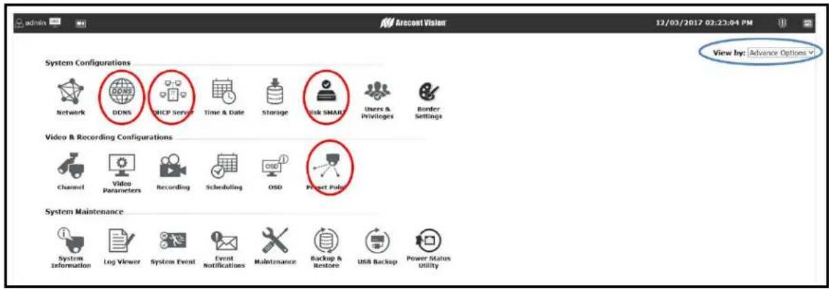 admin Arecont Vision 12/03/2017 02:23:04 PM View by: Advance Options System Configurations Network DDNS DHCP Server Time & Date Storage Risk SMART Users & Privileges Border Settings Video & Recording Configurations Channel Video Parameters Recording Scheduling OSD Project Policy System Maintenance System Information Log Viewer System Event Event Notifications Maintenance Backup & Restore USB Backup Power Status Utility
