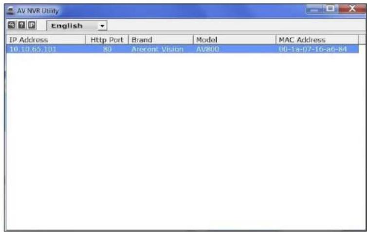 AV NVR Utility English IP Address Http Port Brand Model MAC Address 10.10.65.101 80 Arecont Vision AV800 60-1a-07-16-a6-84