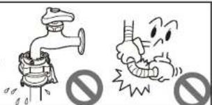 Safety warning illustration showing a faucet and a cartoon worm with prohibition symbols