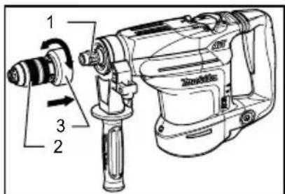 Technical diagram of a power drill with numbered components and directional arrows indicating motion or flow.