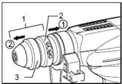 Technical diagram of a mechanical assembly with numbered components and directional arrows indicating motion or flow.