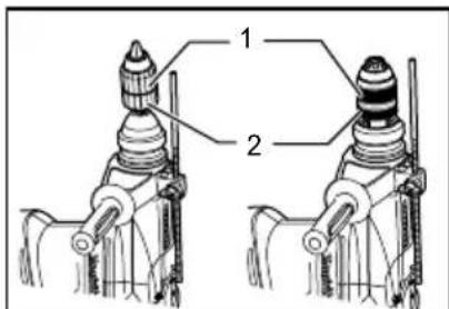 Technical diagram of a mechanical assembly with labeled parts 1 and 2