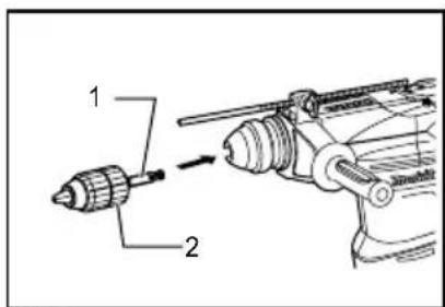 Technical diagram showing a drill bit and corresponding mechanical component with labeled parts 1 and 2