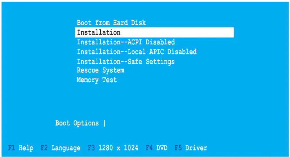 Boot from Hard Disk Installation Installation--ACPI Disabled Installation--Local APIC Disabled Installation--Safe Settings Rescue System Memory Test Boot Options | F1 Help F2 Language F3 1280 x 1024 F4 DVD F5 Driver
