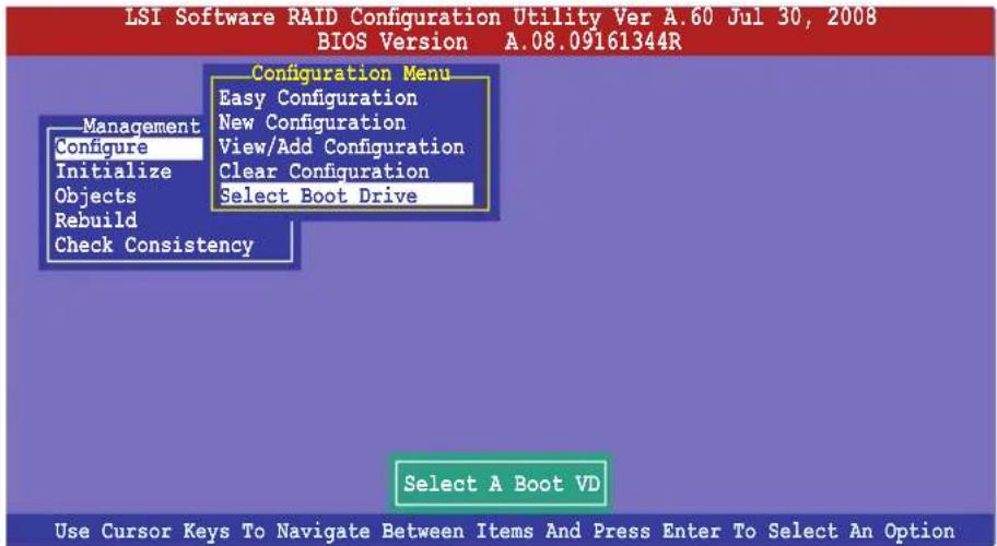 LSI Software RAID Configuration Utility Ver A.60 Jul 30, 2008 BIOS Version A.08.09161344R Configuration Menu Easy Configuration New Configuration View/Add Configuration Clear Configuration Select Boot Drive Management Configure Initialize Objects Rebuild Check Consistency Select A Boot VD Use Cursor Keys To Navigate Between Items And Press Enter To Select An Option