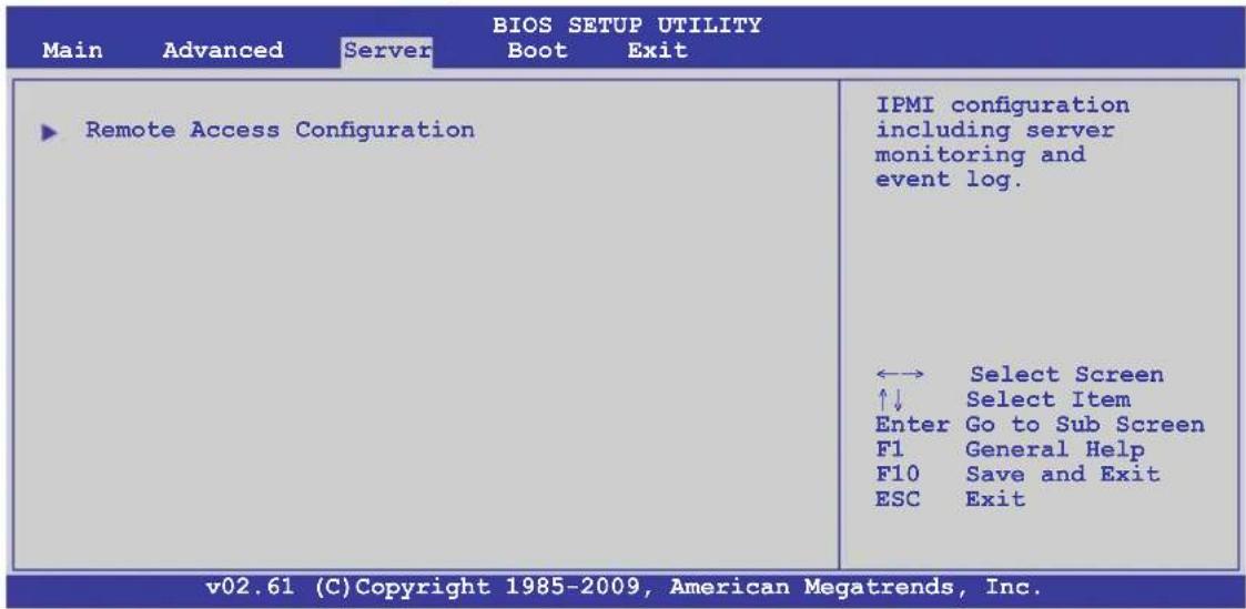 BIOS SETUP UTILITY Main Advanced Server Boot Exit ► Remote Access Configuration IPMI configuration including server monitoring and event log. ←→ Select Screen ↑↓ Select Item Enter Go to Sub Screen F1 General Help F10 Save and Exit ESC Exit v02.61 (C) Copyright 1985-2009, American Megatrends, Inc.