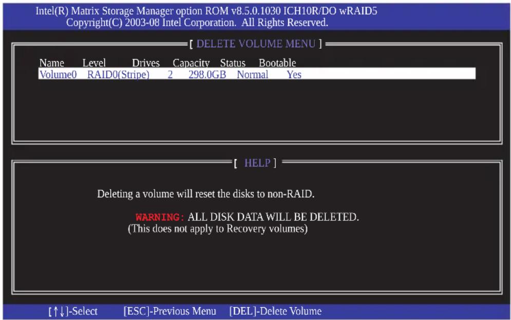 Intel(R) Matrix Storage Manager option ROM v8.5.0.1030 ICH10R/DO wRAID5 Copyright(C) 2003-08 Intel Corporation. All Rights Reserved. [ DELETE VOLUME MENU ] Name Level Drives Capacity Status Bootable Volume0 RAID0(Stripe) 2 298.0GB Normal Yes [ HELP ] Deleting a volume will reset the disks to non-RAID. WARNING: ALL DISK DATA WILL BE DELETED. (This does not apply to Recovery volumes) [↑↓]-Select [ESC]-Previous Menu [DEL]-Delete Volume