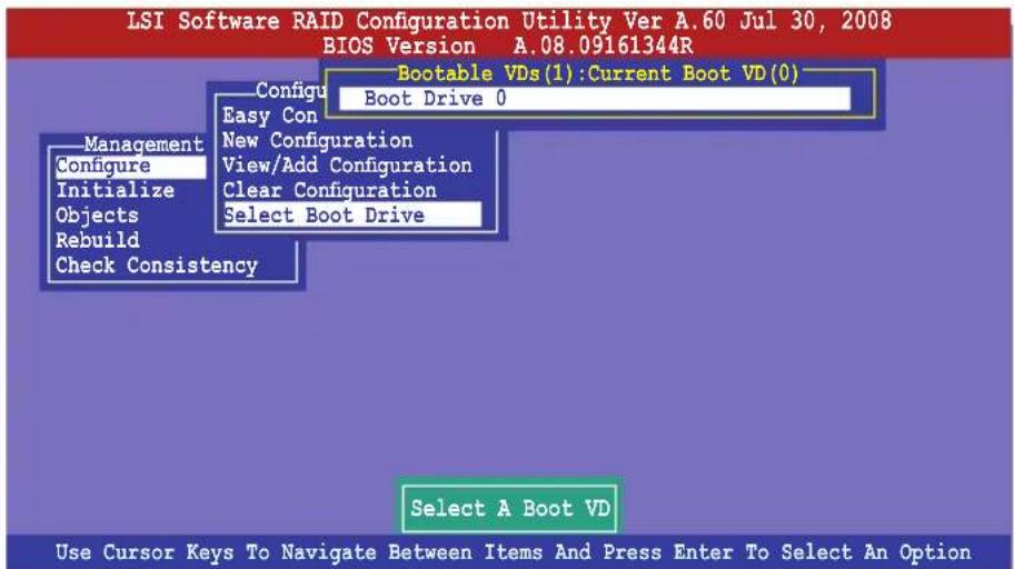 LSI Software RAID Configuration Utility Ver A.60 Jul 30, 2008 BIOS Version A.08.09161344R Bootable VDs(1):Current Boot VD(0) Configure Easy Con New Configuration View/Add Configuration Clear Configuration Select Boot Drive Management Configure Initialize Objects Rebuild Check Consistency Select A Boot VD Use Cursor Keys To Navigate Between Items And Press Enter To Select An Option
