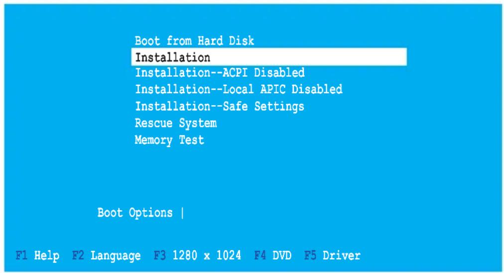 Boot from Hard Disk Installation Installation--ACPI Disabled Installation--Local APIC Disabled Installation--Safe Settings Rescue System Memory Test Boot Options | F1 Help F2 Language F3 1280 x 1024 F4 DVD F5 Driver