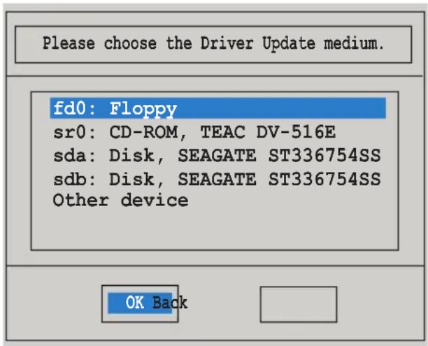 Please choose the Driver Update medium. fd0: Floppy sr0: CD-ROM, TEAC DV-516E sda: Disk, SEAGATE ST336754SS sdb: Disk, SEAGATE ST336754SS Other device OK Back