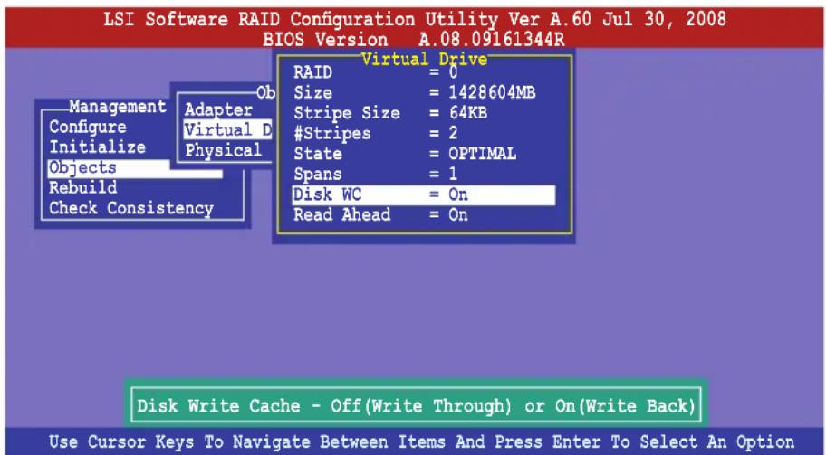 LSI Software RAID Configuration Utility Ver A.60 Jul 30, 2008 BIOS Version A.08.09161344R Virtual Drive RAID = 0 Size = 1428604MB Stripe Size = 64KB #Stripes = 2 State = OPTIMAL Spans = 1 Disk WC = On Read Ahead = On Disk Write Cache - Off(Write Through) or On(Write Back) Use Cursor Keys To Navigate Between Items And Press Enter To Select An Option