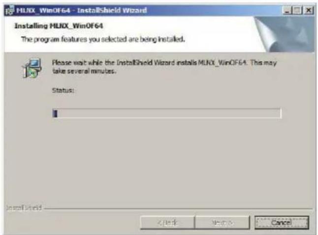 MLNX_WinOF64 - InstallShield Wizard Installing MLNX_WinOF64 The program features you selected are being installed. Please wait while the InstallShield Wizard installs MLNX_WinOF64. This may take several minutes. Status: InstallShield < Back Next > Cancel