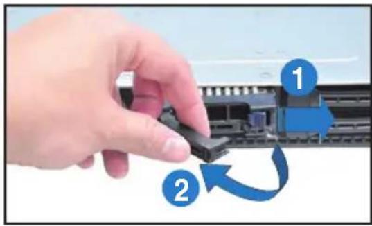 Instructional diagram showing hand pressing a component with labeled steps 1 and 2, indicating a process flow.