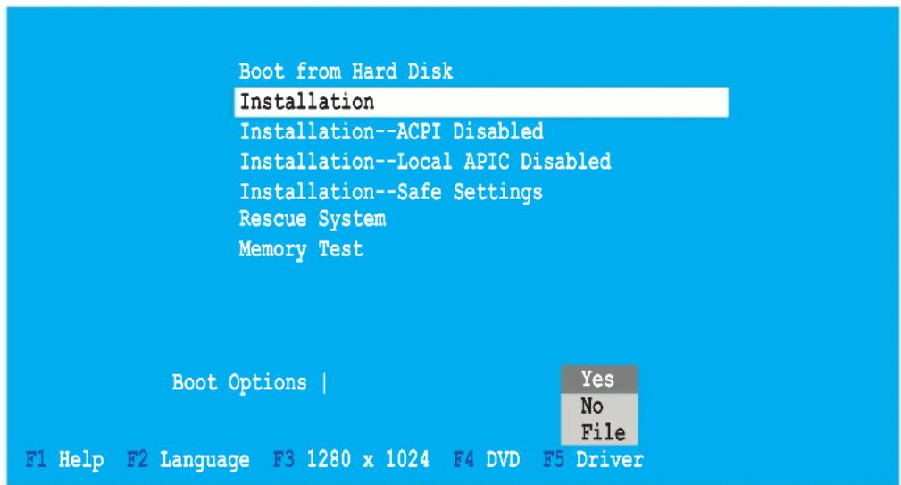 Boot from Hard Disk Installation Installation--ACPI Disabled Installation--Local APIC Disabled Installation--Safe Settings Rescue System Memory Test Boot Options | Yes No File F1 Help F2 Language F3 1280 x 1024 F4 DVD F5 Driver