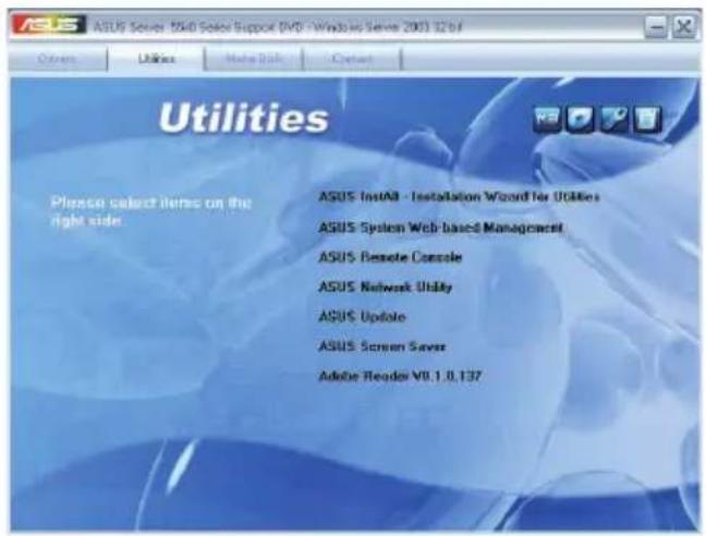 ASUS Solar Solar Support DVD - Windows Server 2003 12:0F Others Utilities Help Book Cancel Utilities Please select items on the right side ASUS Install - Installation Wizard for Utilities ASUS System Web-based Management ASUS Remote Console ASUS Network Utility ASUS Update ASUS Screen Server Adobe Reader VII.1.0.137