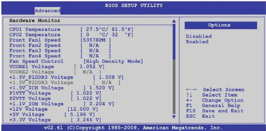 BIOS SETUP UTILITY Advanced Hardware Monitor CPU1 Temperature [ 27.5°C/ 81.5°F] CPU2 Temperature [ 0 °C/ 32 °F] Front Fan1 Speed [5357RPM ] Front Fan2 Speed [ N/A ] Front Fan3 Speed [ N/A ] Front Fan4 Speed [ N/A ] Fan Speed Control [High Density Mode] VCORE1 Voltage [ 1.052 V] VCORE2 Voltage [ N/A ] +1.5V_P1DDR3 Voltage [ 1.508 V] +1.5V_P2DDR3 Voltage [ N/A ] +1.5V_ICH Voltage [ 1.520 V] P1VTT Voltage [ 1.022 V] P2VTT Voltage [ 1.022 V] +1.1V_IOH Voltage [ 0.204 V] +12VVoltage [12.000 V] +5V Voltage [ 5.196 V] +3.3V Voltage [ 3.246 V] Options Disabled Enabled ←→ Select Screen ↑↓ Select Item +- Change Option F1 General Help F10 Save and Exit ESC Exit v02.61 (C) Copyright 1985-2009, American Megatrends, Inc.