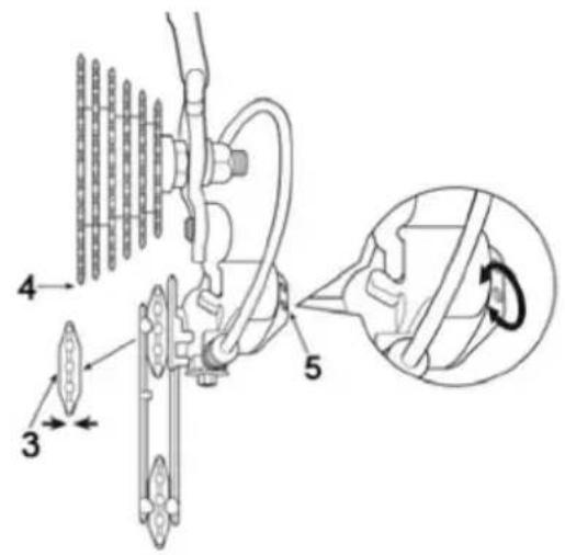 Technical diagram of a mechanical assembly with numbered components and an inset showing a rotating component.