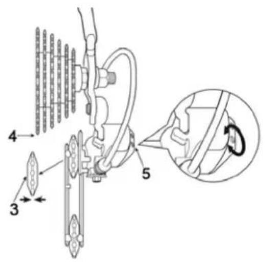 Technical diagram of a mechanical assembly with numbered components and an inset showing a rotating component.