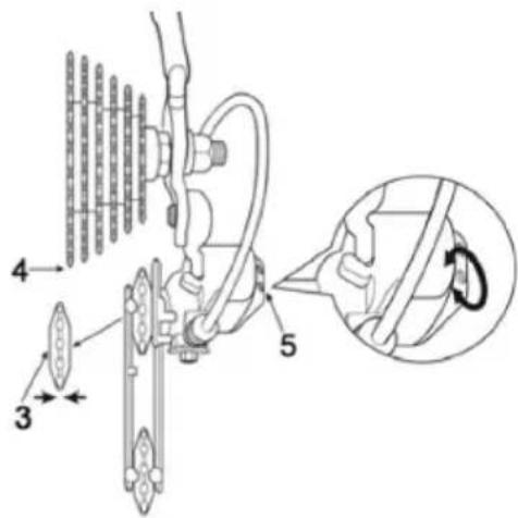 Technical diagram of a mechanical assembly with numbered components and an inset showing a rotating component.