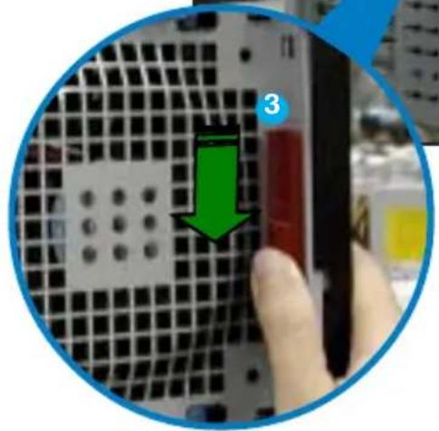 Close-up photo of a hand holding a device panel with a green arrow and label '3' pointing to a red component, likely indicating a step or adjustment.