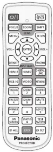Panasonic PROYECTOR OUTPUT AUTO SETUP FOCUS ZOOM SHIFT LENS RETURN MENU VOL- ENTER VOL- OUTPUT INPUT SELECT HDMI1 HDMI2 DIGITAL LINK RGB/2 VIDEO NETWORK ESEN 01 ESEN 02 SHUTTER 5 FREEZE 4 ESEN 03 MUTE 6 PUMER 7 ASPECT 9 ON SCREEN STATUS 0 TEST PATTERN ID ALL ECO ID SET