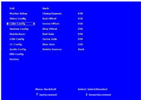 Exit Marker Setup Video Config Color Config System Config Delibrancer OSD Config CC Config Audio Config DVD Config Service Menu: Back/Exit ↑ Up/Increment Select: Select/Download ↓ Down/Decrement