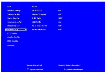Pack Marker Setup IHD State Off Video Config Status Display Off Color Config OSU Tally RGB System Config LED Tally On Disorderer Acc. Time Code Off >USB Config Audio Modifier Off CC Config Audio Config IHD Config Service Menu: Back/Back Select: Select/Download ↑ Up/Down/Down ↓ Down/Down